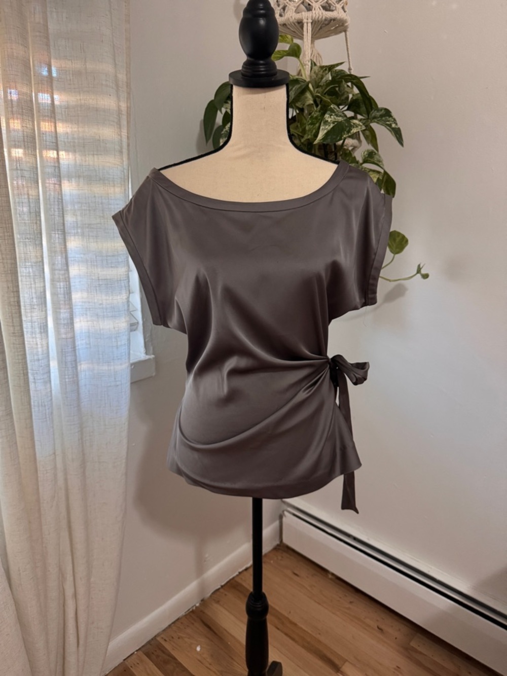 New York & Company Satin Taupe Side-Tie Blouse - Picture 3 of 7